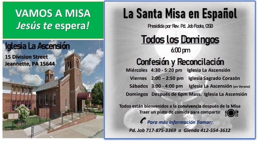 La Santa Misa en Español todos los Domingos a las 6:00 p.m. en la Iglesia de la Ascensión, Jeannette